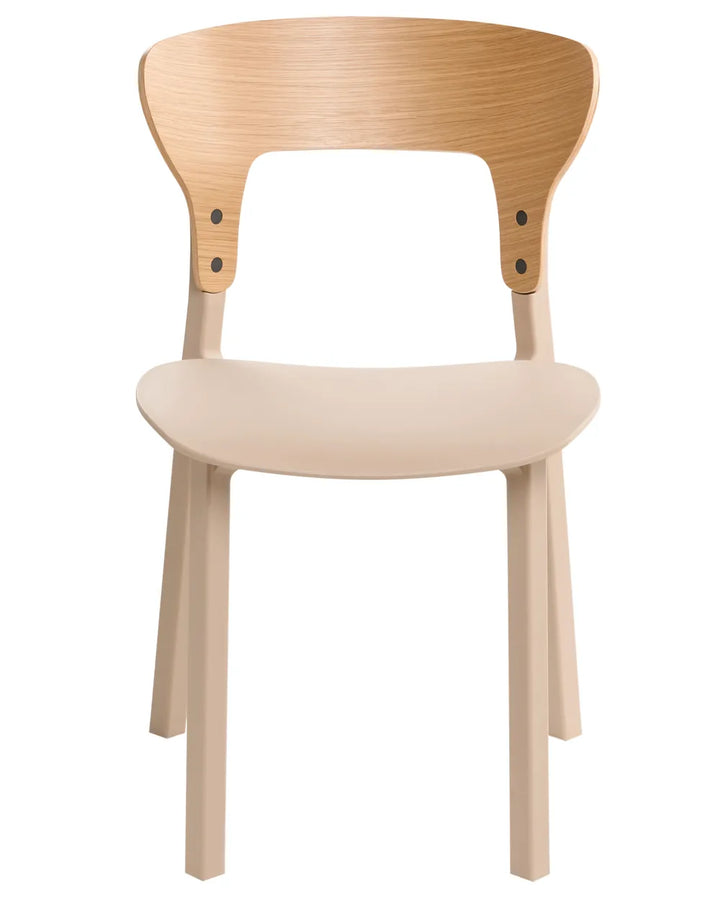 A modern wooden dining chair with a light natural wood backrest and a beige molded seat and legs, shown against a plain white background.