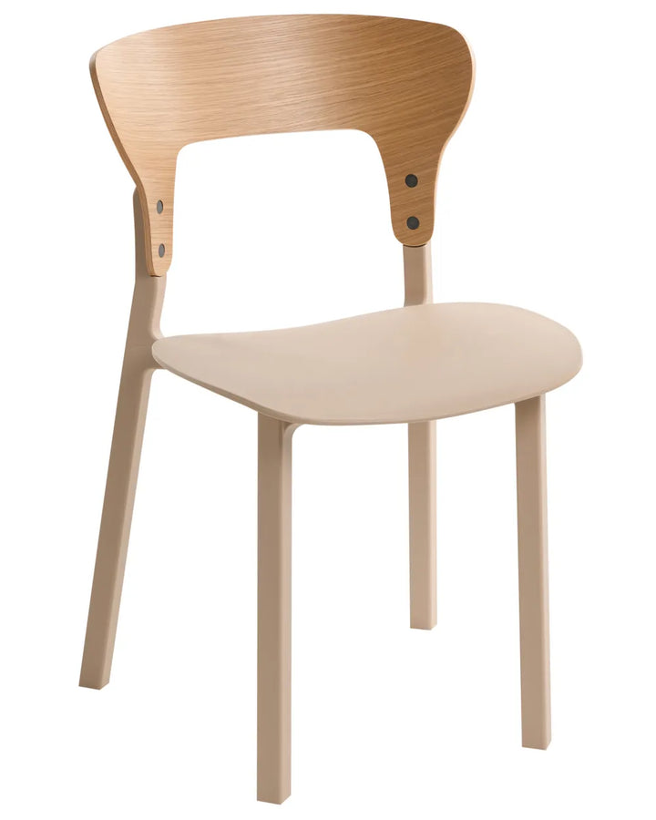 A modern dining chair with a light natural wood frame and a light beige seat, shown against a plain white background.