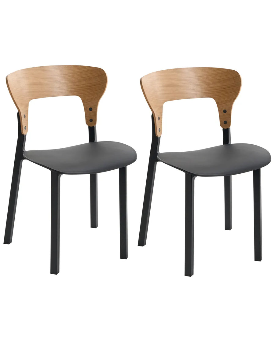 Two modern dining chairs with light oak wood backrests and black seats and legs, shown side by side on a white background.