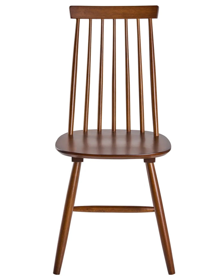 A wooden dining chair with a spindle back, oval seat, and angled legs, shown against a plain white background.