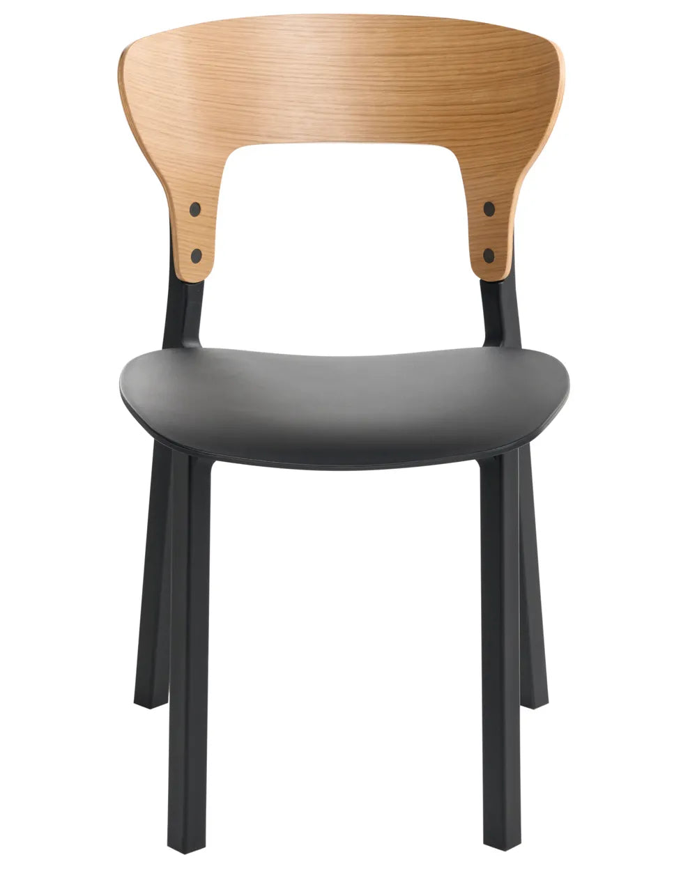 A modern dining chair with a light natural wood curved backrest, a dark gray upholstered seat, and black metal legs, shown against a plain white background.