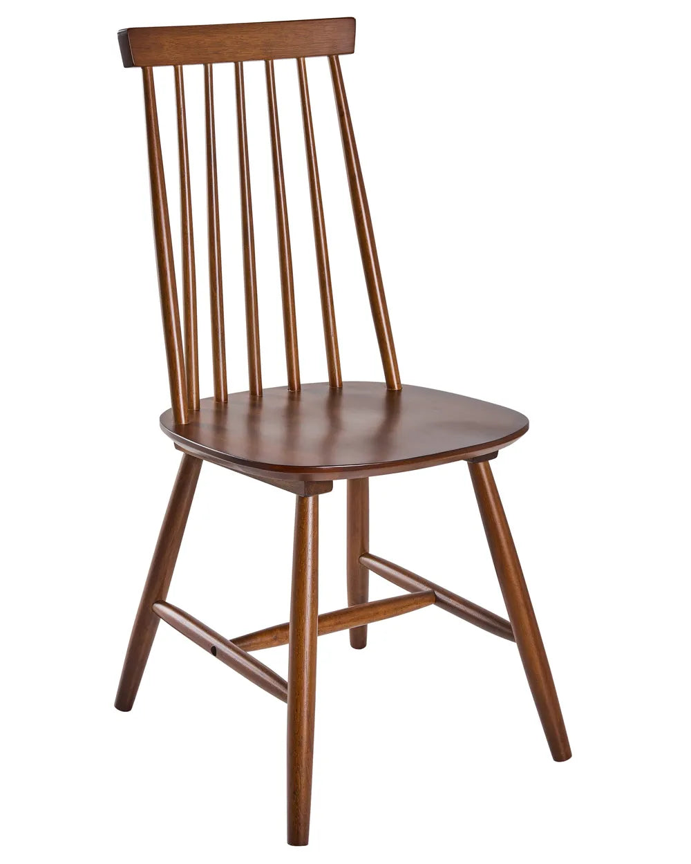 A wooden dining chair with a spindle back, rounded seat, and angled legs, shown on a plain white background.