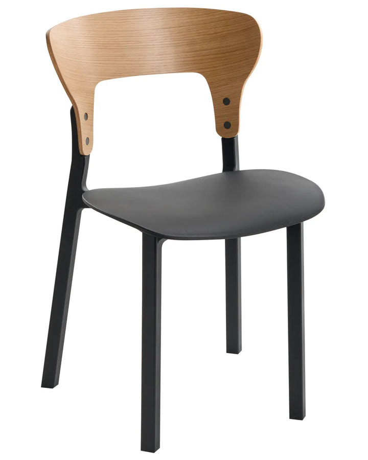 A modern dining chair with a light oak wood backrest, black molded seat, and black metal legs, shown against a plain white background.