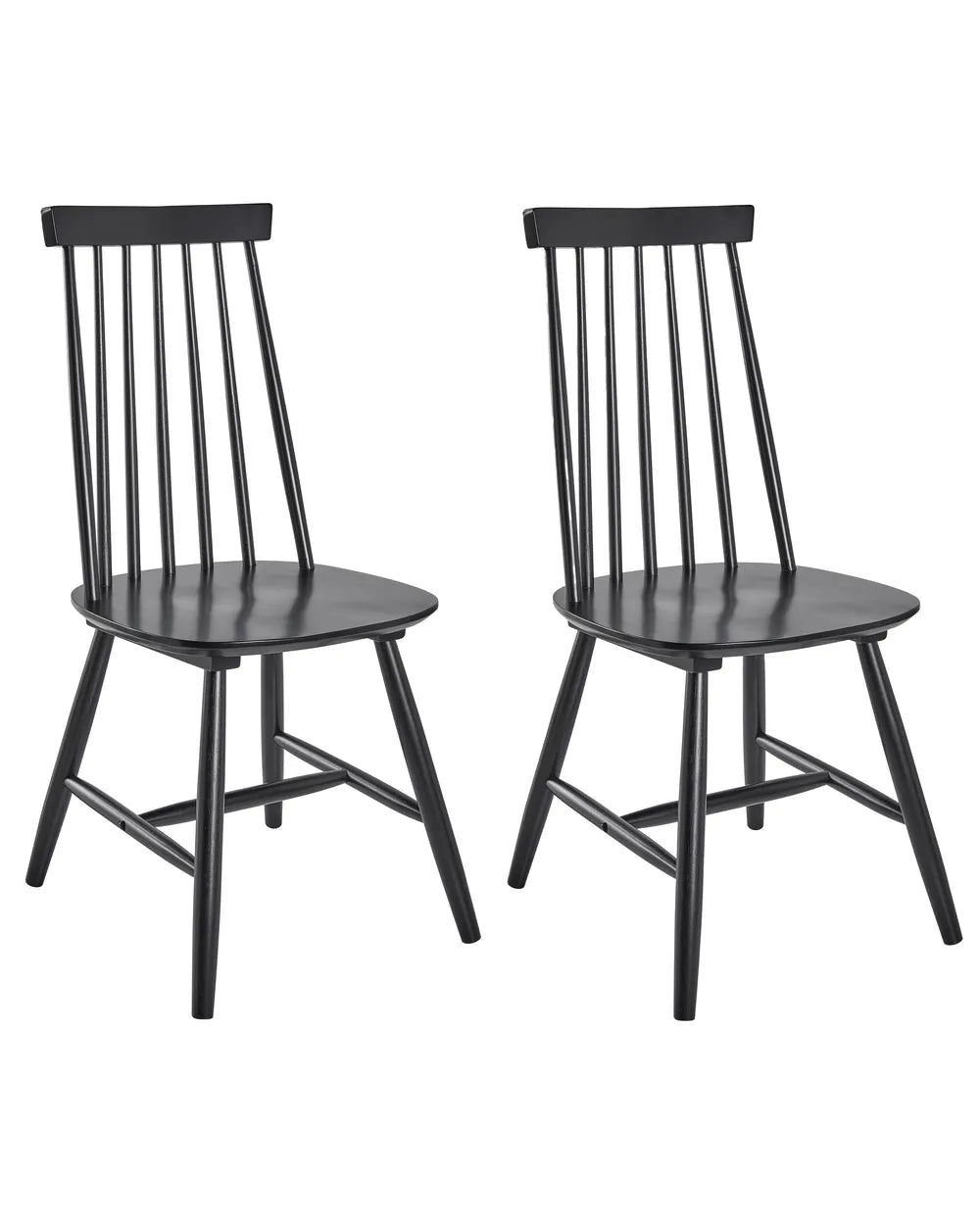Two black wooden dining chairs with spindle backs and angled legs, shown side by side on a plain white background.