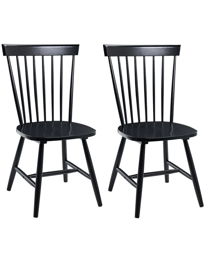 Two black wooden dining chairs with spindle backs and straight legs, shown side by side on a plain white background.
