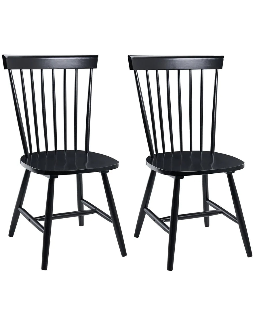 Two black wooden dining chairs with spindle backs and straight legs, shown side by side on a plain white background.