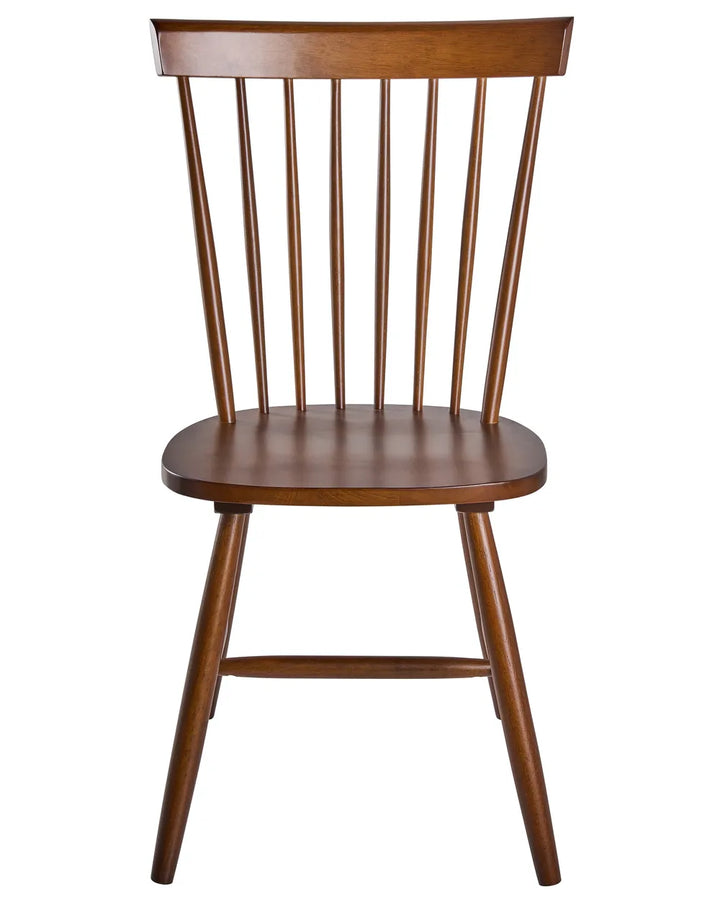 A wooden dining chair with a spindle back, round seat, and tapered legs, shown against a plain white background.