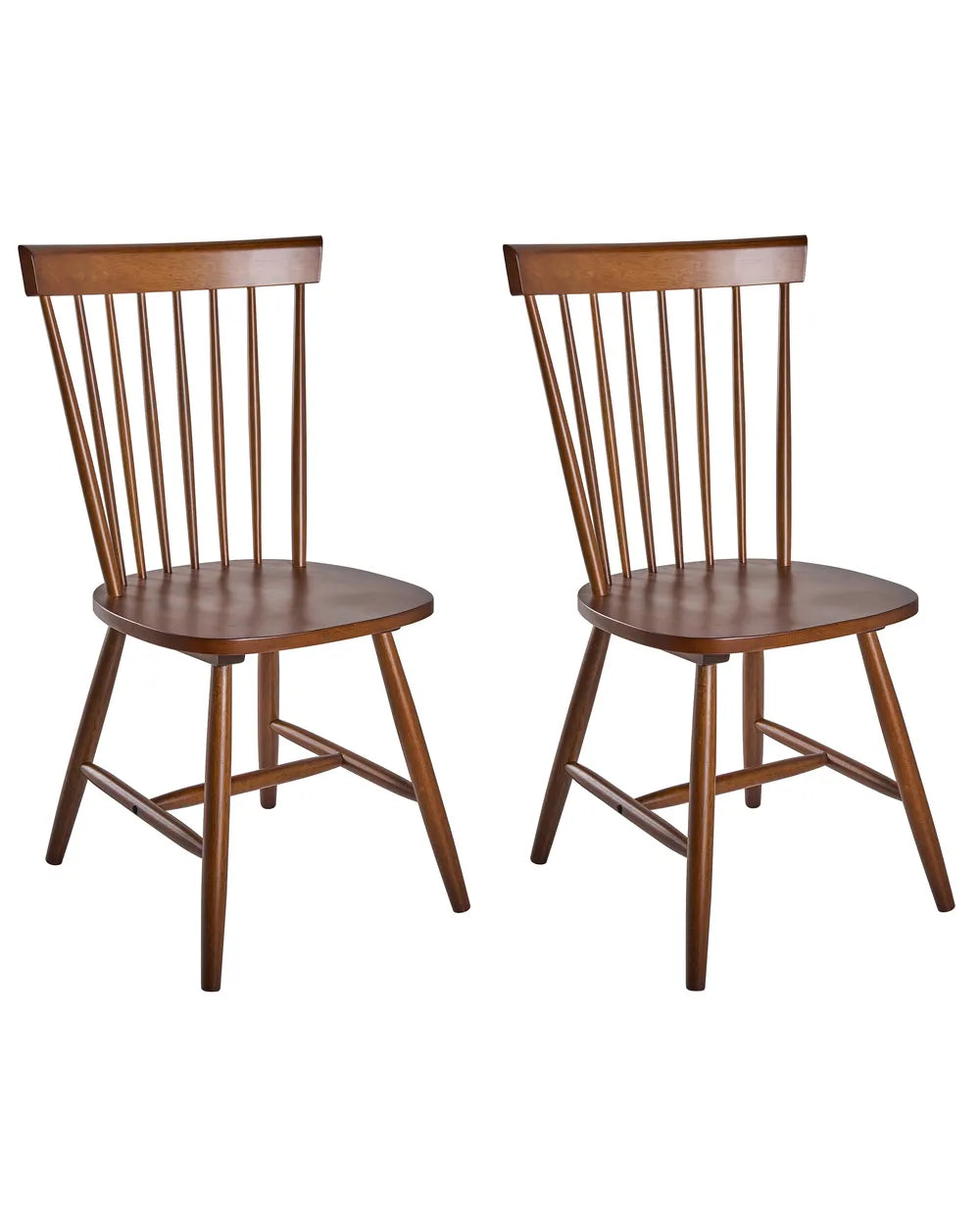 Two wooden dining chairs with spindle backs and straight legs, shown side by side on a plain white background.