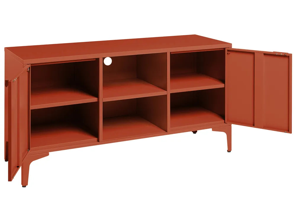 A mid-century modern sideboard cabinet in terracotta orange, shown with its doors open to reveal six open storage compartments and adjustable shelves.