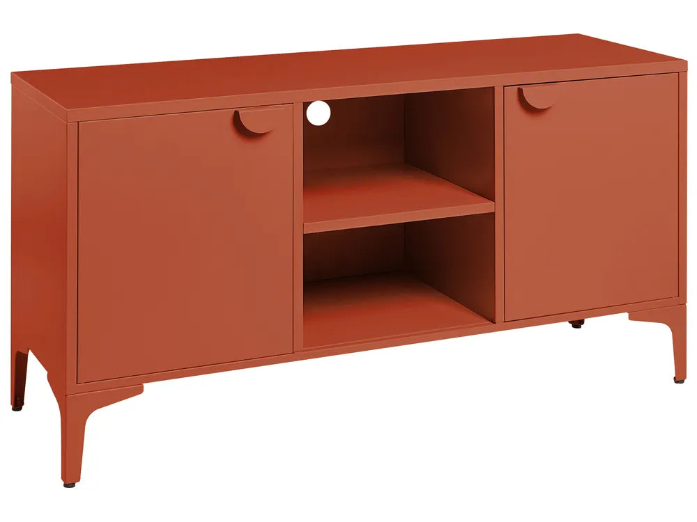 A mid-century modern sideboard cabinet in a terracotta orange finish, featuring two doors with semi-circular pulls, an open center shelf, and tapered legs, shown against a plain white background.