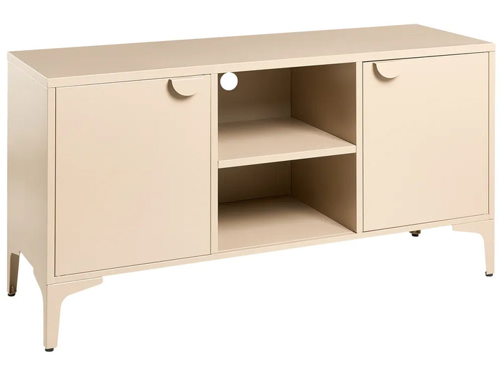 A modern sideboard cabinet with two doors, an open center shelf, and tapered legs, finished in a warm cream or light beige color.