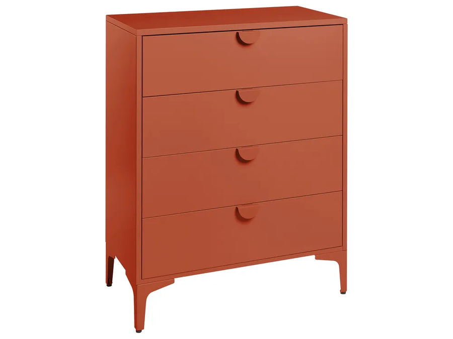 A mid-century modern four-drawer chest of drawers in a warm terracotta orange finish, featuring small circular pulls and tapered legs, shown on a plain white background.