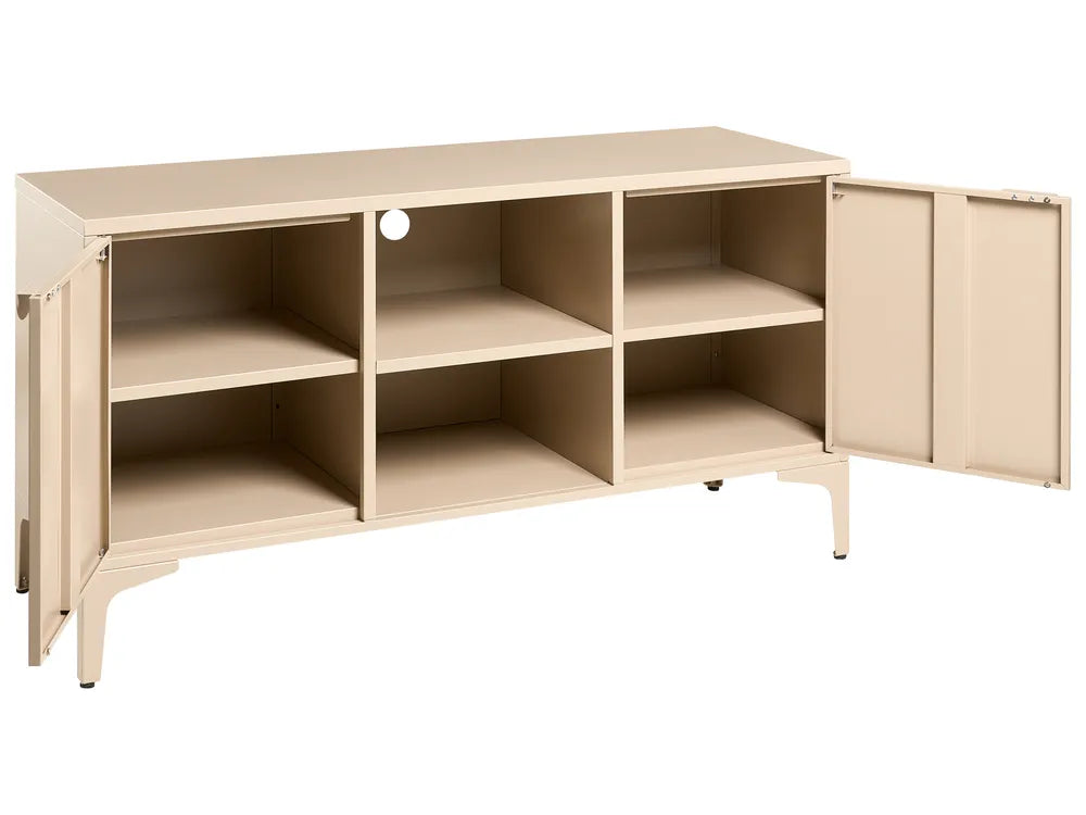 A light beige metal storage cabinet with a flat top, six open shelves, and two side doors, one of which is open, shown against a plain white background.