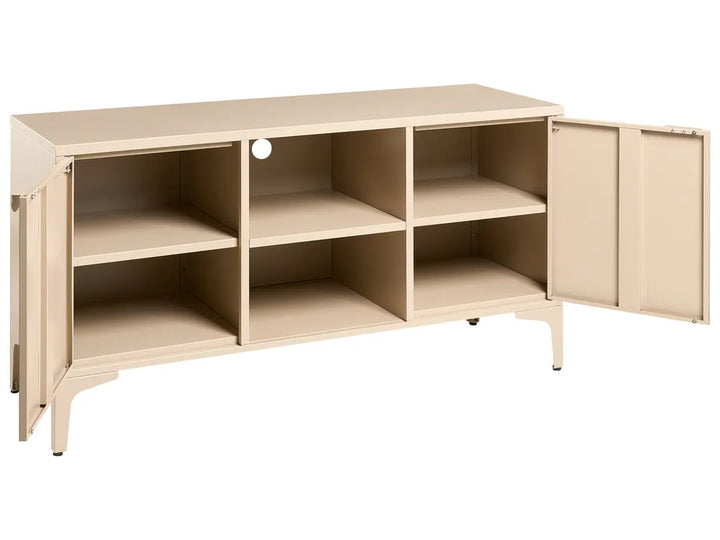 A light beige metal storage cabinet with a flat top, six open shelves, and two side doors, one of which is open, shown against a plain white background.