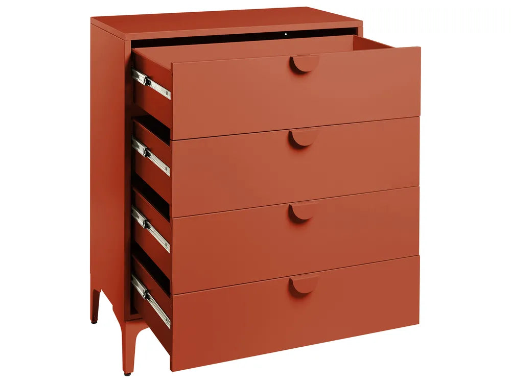 A terracotta orange chest of drawers with five drawers, three of which are open to show silver metal hardware, set against a plain white background.