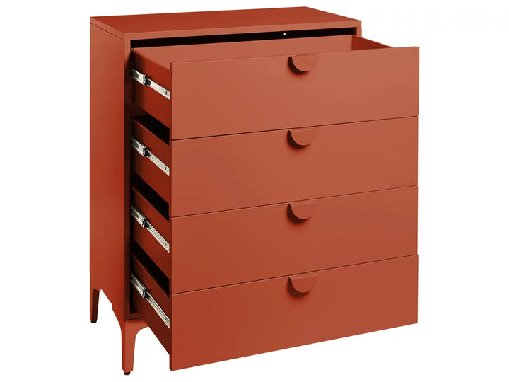 A terracotta orange chest of drawers with five drawers, three of which are open to show silver metal hardware, set against a plain white background.