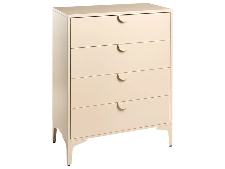 A four-drawer chest of drawers in a light cream or off-white finish, featuring small, curved drawer pulls and tapered legs, shown against a plain white background.