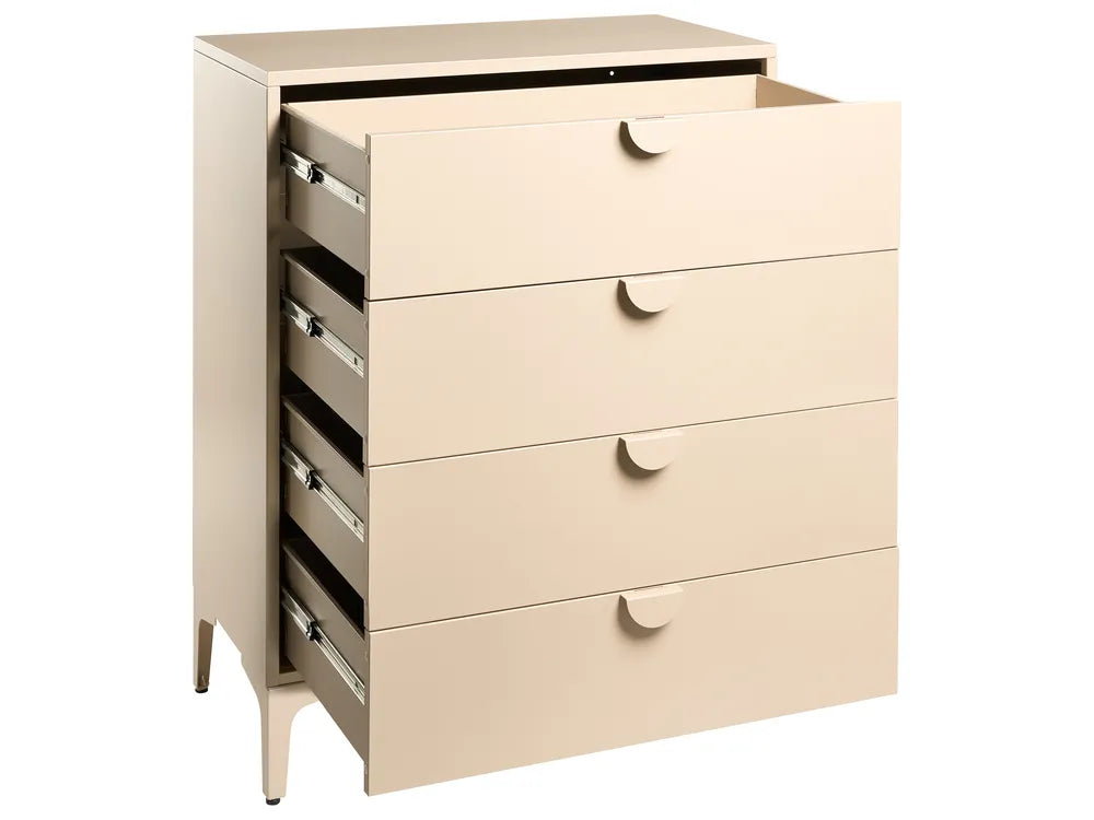 A mid-century modern 5-drawer chest of drawers in a light beige finish, with two of the top drawers pulled open to show the interior. The piece of furniture features tapered legs, a slanted top surface, and minimalist round drawer pulls.