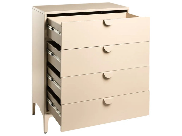 A mid-century modern 5-drawer chest of drawers in a light beige finish, with two of the top drawers pulled open to show the interior. The piece of furniture features tapered legs, a slanted top surface, and minimalist round drawer pulls.