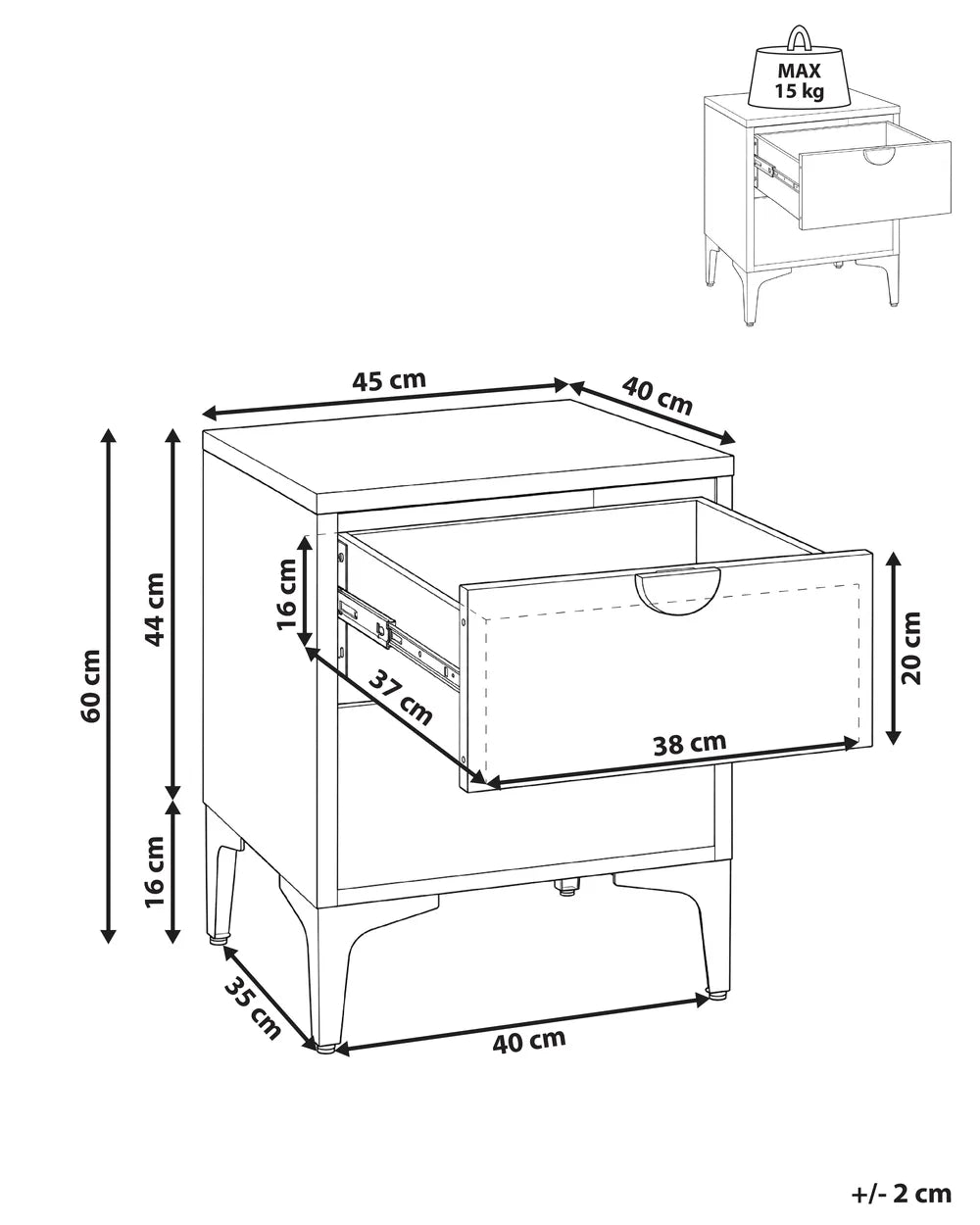 2 Drawer Bedside Table Metal Beige Reshelle