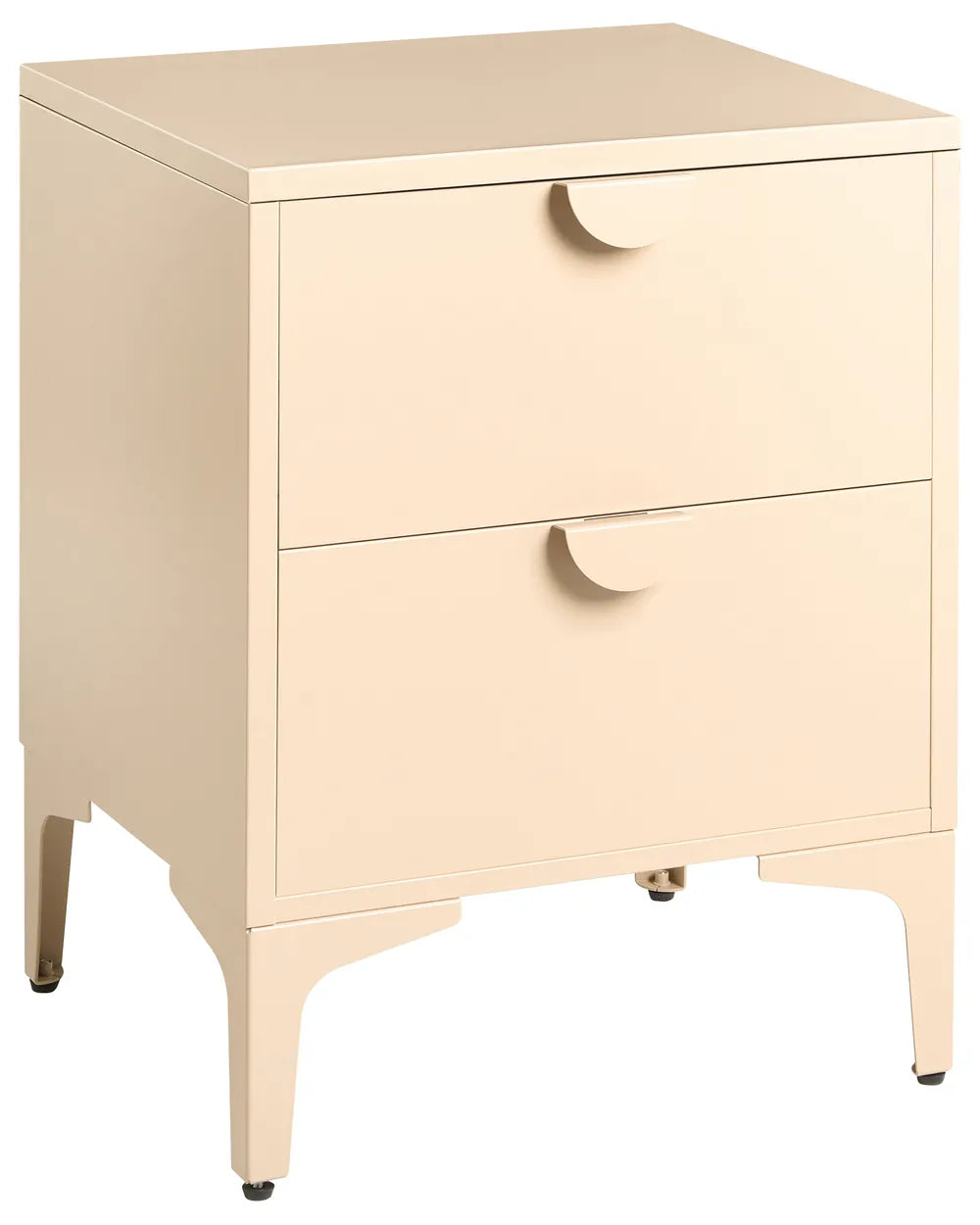 A cream-colored two-drawer nightstand with a mid-century modern design, featuring curved drawer pulls and tapered legs, shown against a plain white background.
