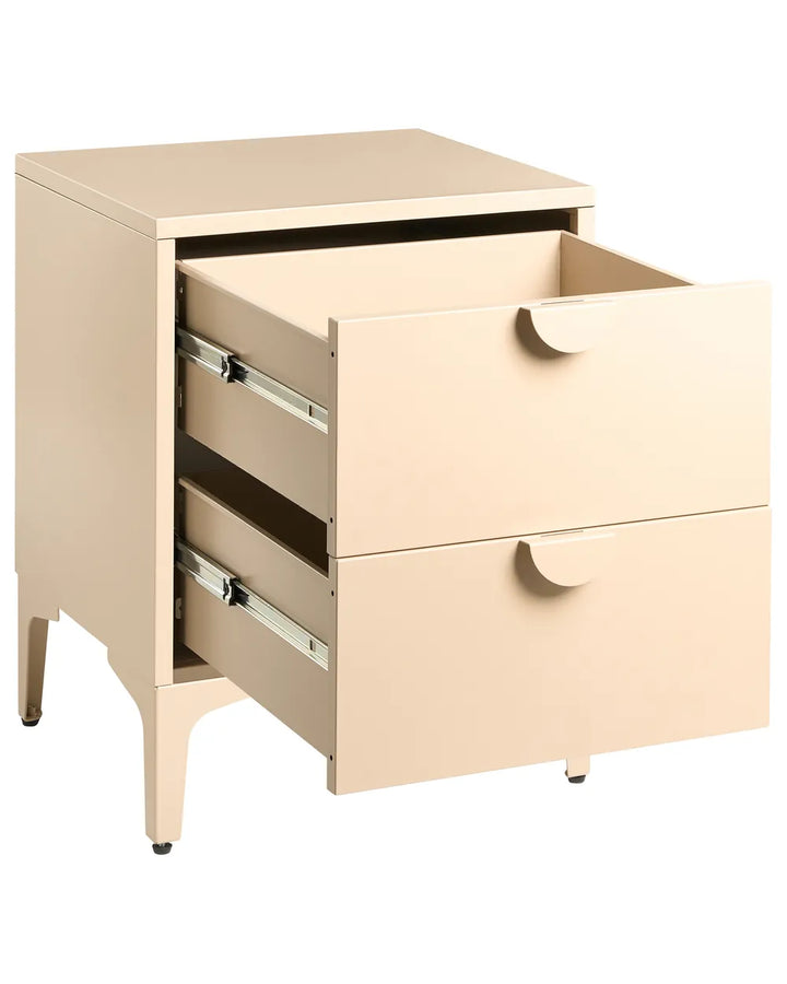 A modern two-drawer nightstand or cabinet in a warm beige finish, with the top surface and two lower drawers pulled open to show silver metal drawer slides. The cabinet has tapered legs with small black feet and a minimalist, mid-century design.