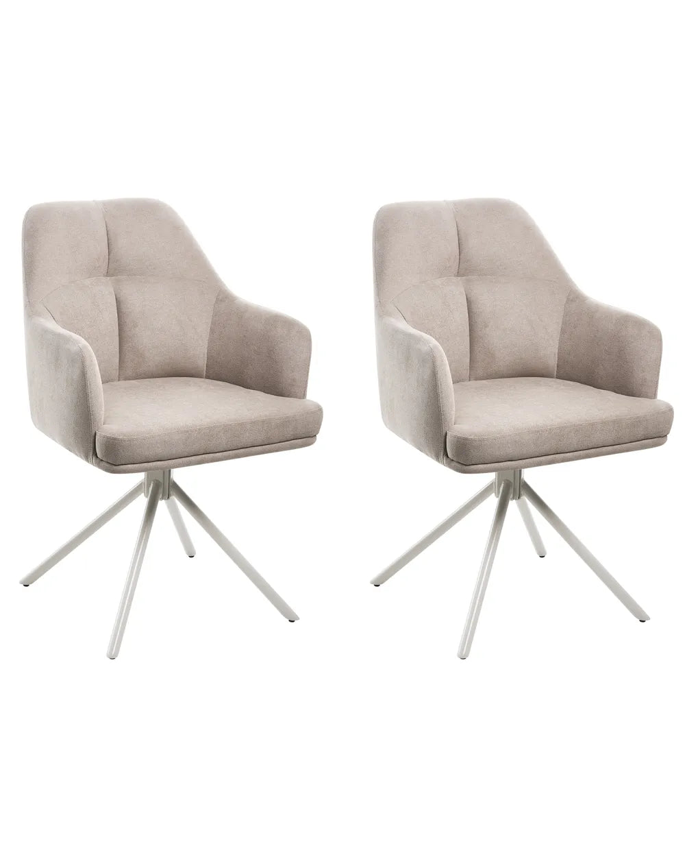 Two matching upholstered swivel armchairs with tufted backs and seats on slim metal star bases, shown side by side against a plain white background.
