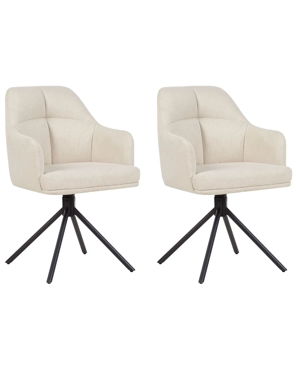 Two matching upholstered swivel dining chairs with cream fabric and black metal tripod bases, shown side by side on a plain white background.