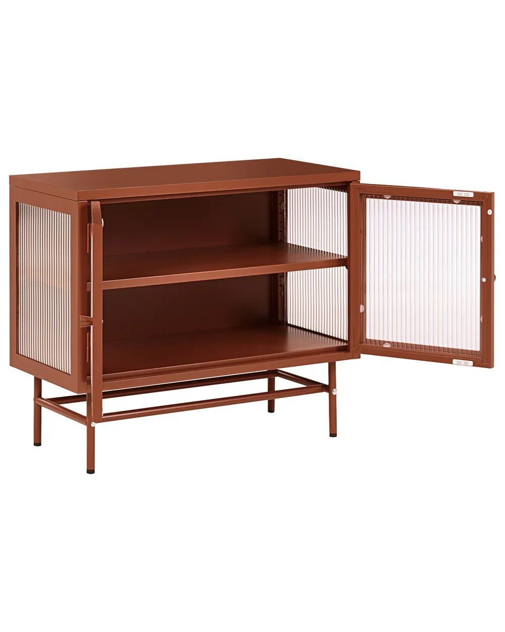 A mid-century modern sideboard cabinet with a warm reddish-brown finish, featuring two open doors with vertical corrugated glass panels and two interior shelves, shown on a plain white background.