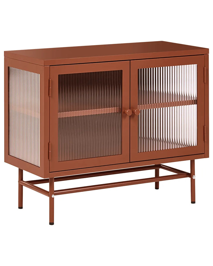 A mid-century modern sideboard cabinet with a warm rust-brown metal finish, featuring two doors with vertical fluted glass panels and a matching metal frame base.