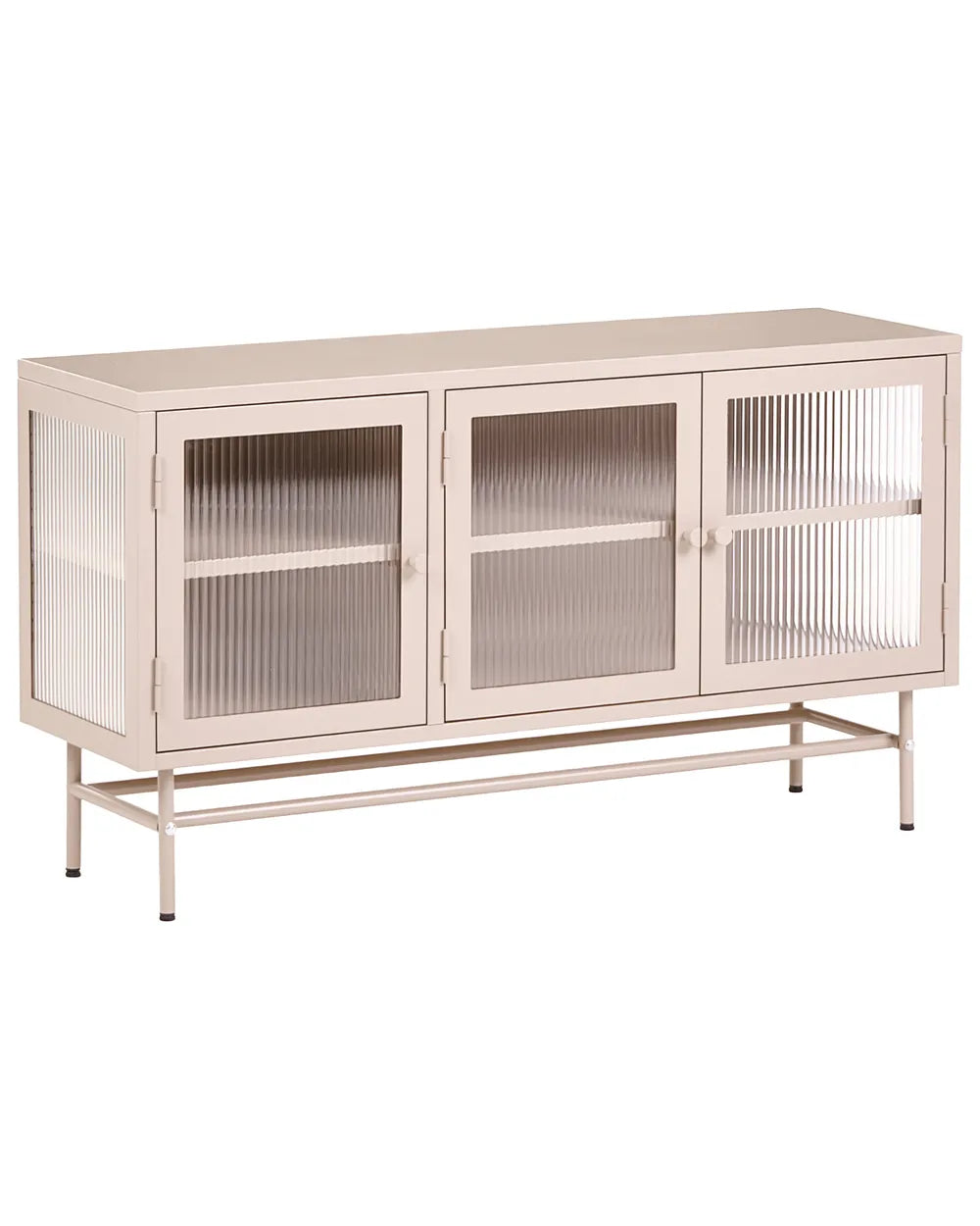 A modern sideboard cabinet with a light beige frame, three ribbed glass doors, and a slim metal stand, shown against a plain white background.