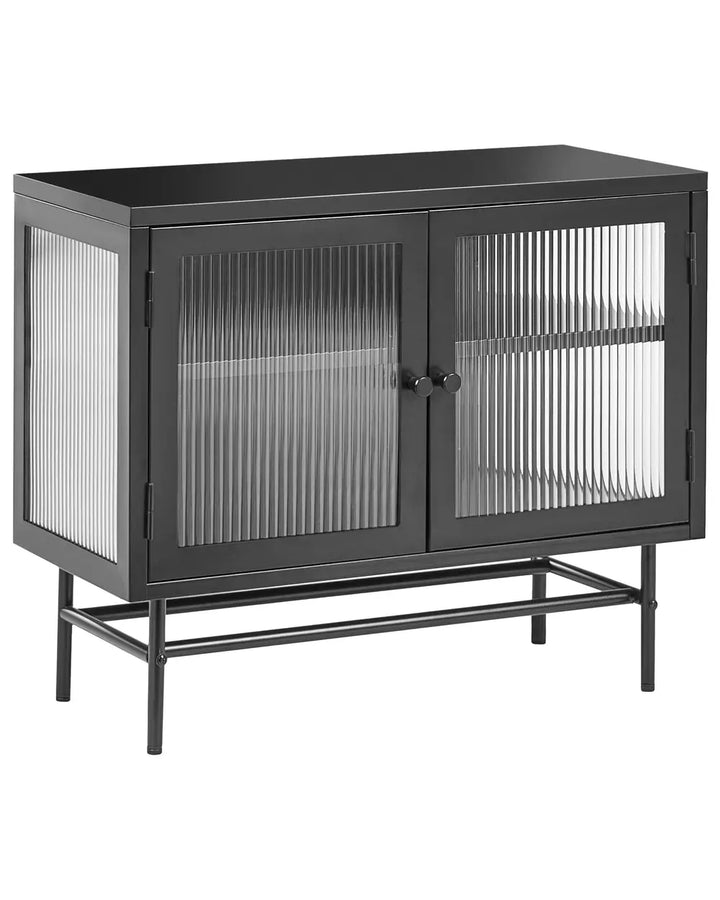 A modern black metal sideboard cabinet with two doors featuring vertical ribbed glass panels and a lower open shelf, shown on a plain white background.