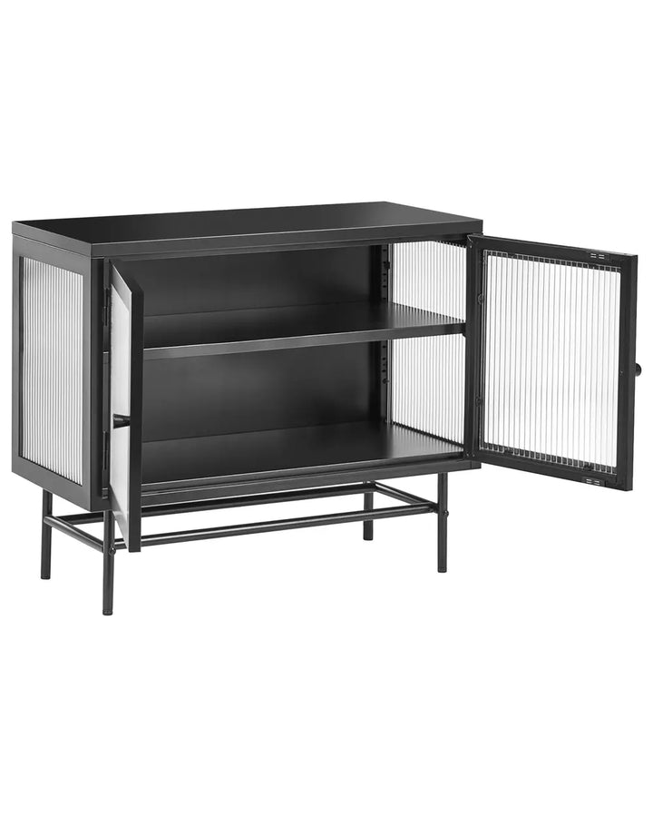A black metal sideboard cabinet with two open doors featuring frosted glass panels, showing two interior shelves, on a plain white background.