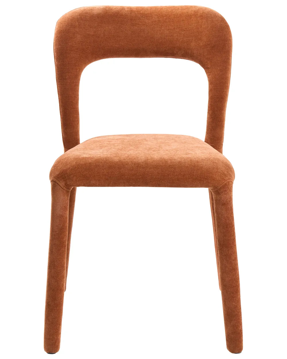 An upholstered dining chair with a curved backrest and seat, upholstered in a textured rust-orange fabric, shown against a plain white background.