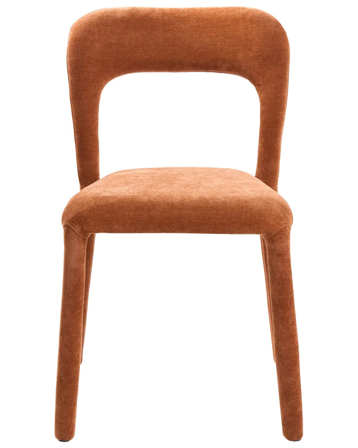 An upholstered dining chair with a curved backrest and seat, upholstered in a textured rust-orange fabric, shown against a plain white background.