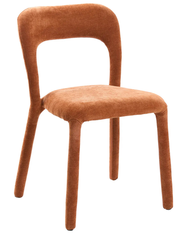 A modern upholstered dining chair with a curved backrest and seat, upholstered in a textured rust-orange fabric, shown on a plain white background.