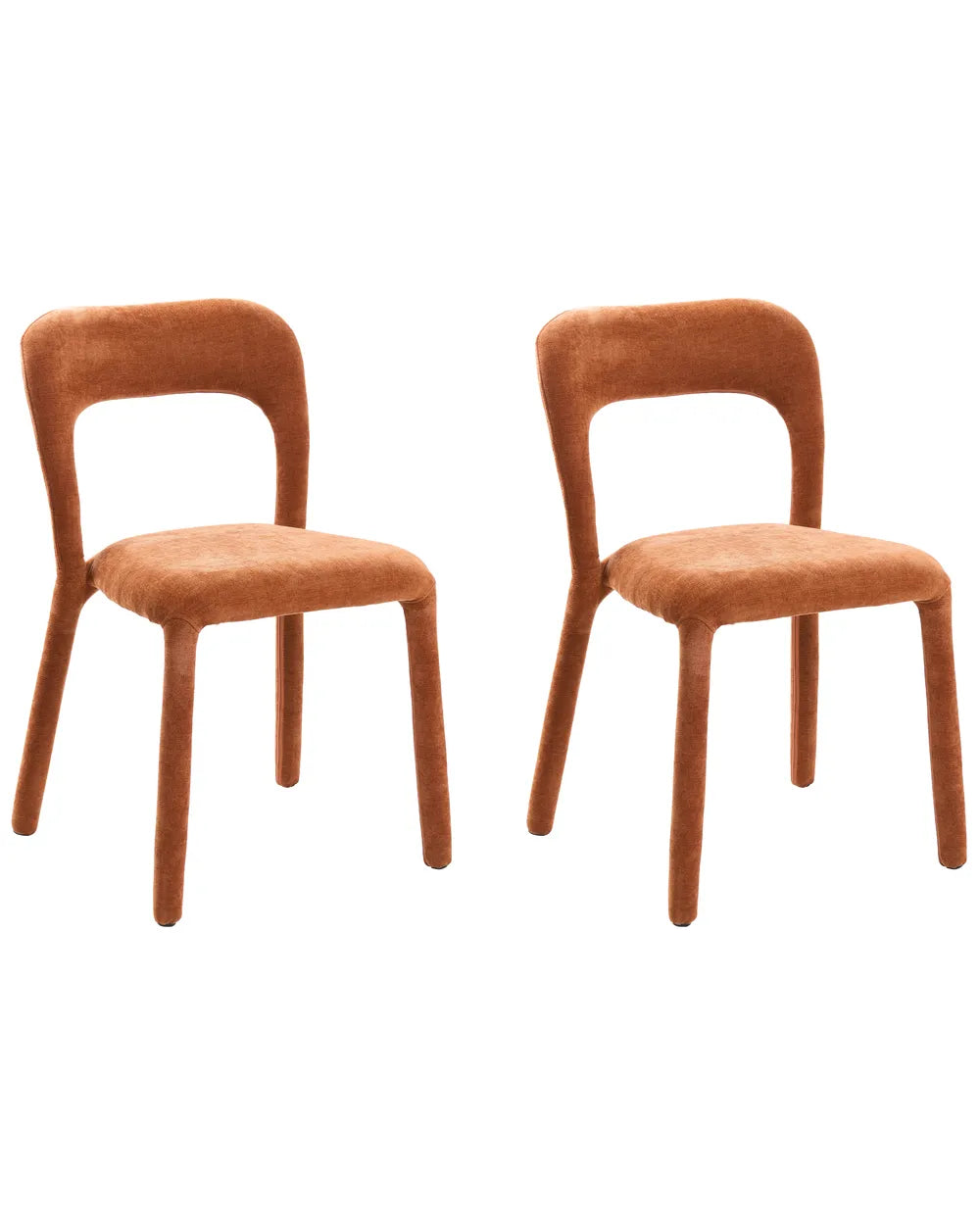 Two matching mid-century modern dining chairs upholstered in a warm rust-orange textured fabric, shown against a plain white background.