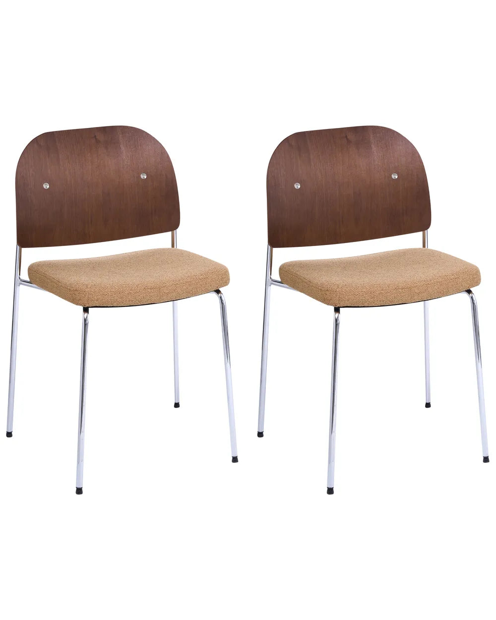 Two modern dining chairs with curved brown wood-look backs, beige upholstered seats, and slim chrome legs, shown on a plain white background.