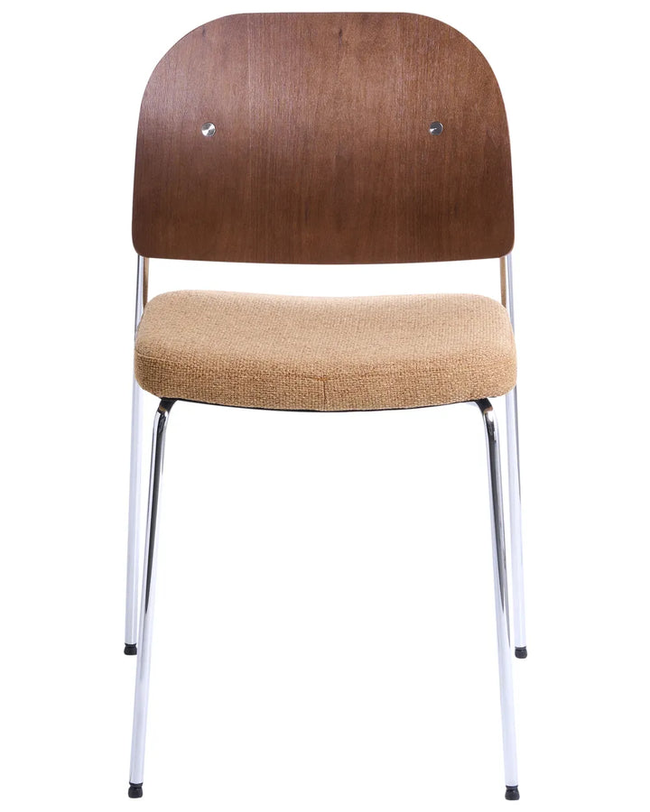 A mid-century modern style dining chair featuring a curved brown wooden backrest, a beige textured bouclé upholstered seat, and slim chrome metal legs, shown against a plain white background.