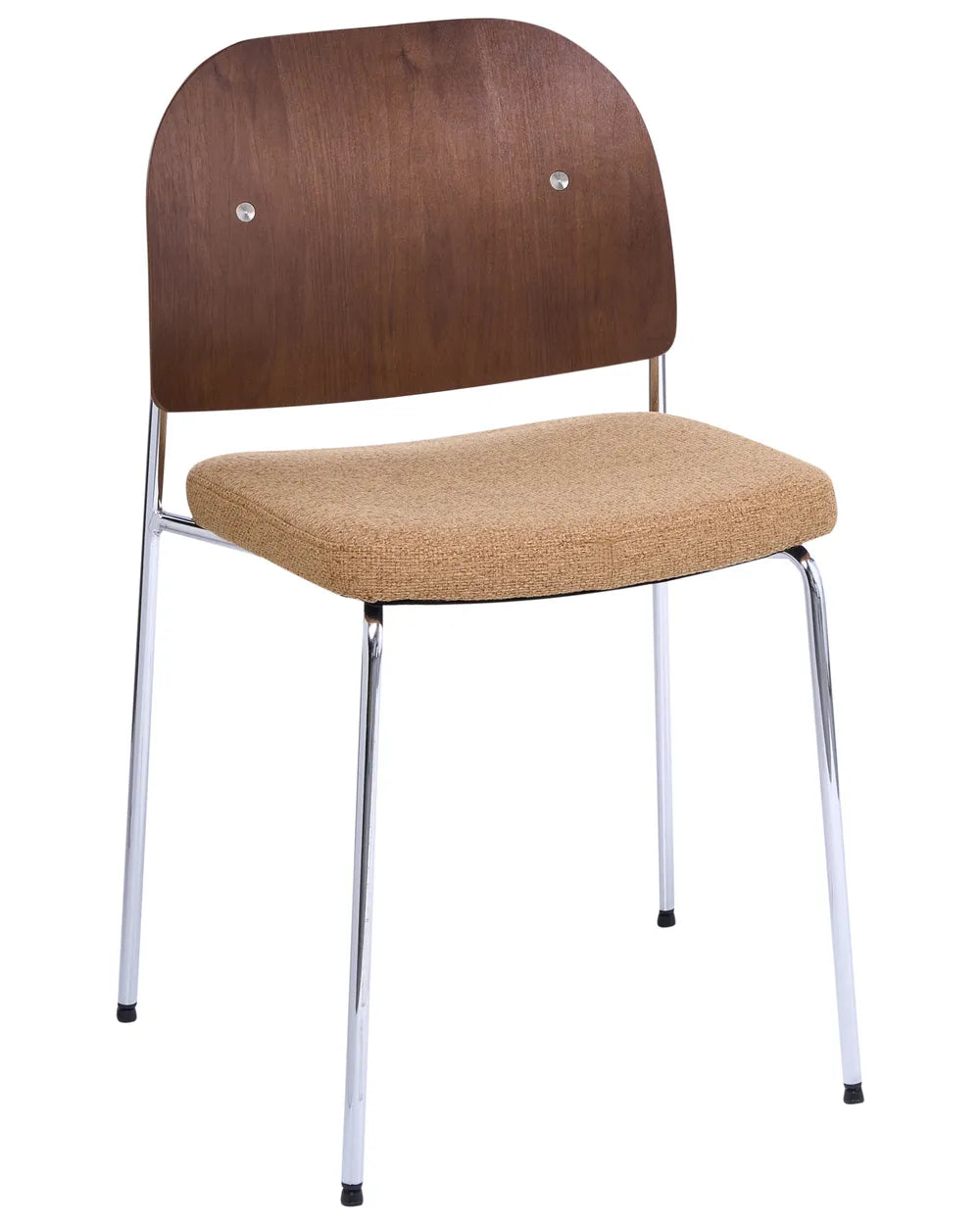 A modern dining chair with a curved brown wooden backrest, a tan textured fabric seat cushion, and slim chrome metal legs, shown against a plain white background.