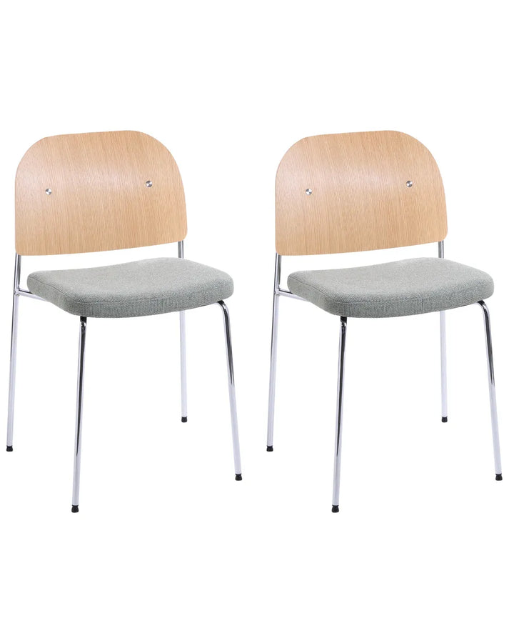 Two modern dining chairs with light wood grain backrests and gray upholstered seats on slim chrome legs, shown against a plain white background.