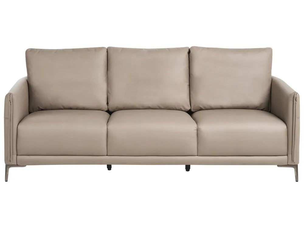 A three-seat sofa upholstered in light taupe leather with slim metal legs, shown against a plain white background.