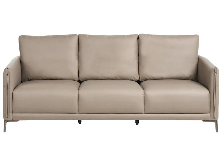 A three-seat sofa upholstered in light taupe leather with slim metal legs, shown against a plain white background.