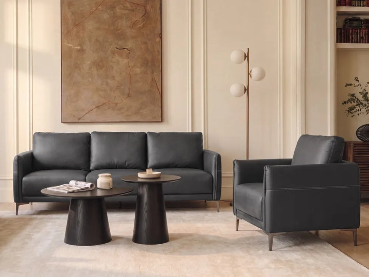 A modern living room setup featuring a dark gray leather three-seater sofa and a matching armchair, styled with two round dark coffee tables on a light beige rug. The background includes cream paneled walls, a large abstract painting, a floor lamp, and a bookshelf.