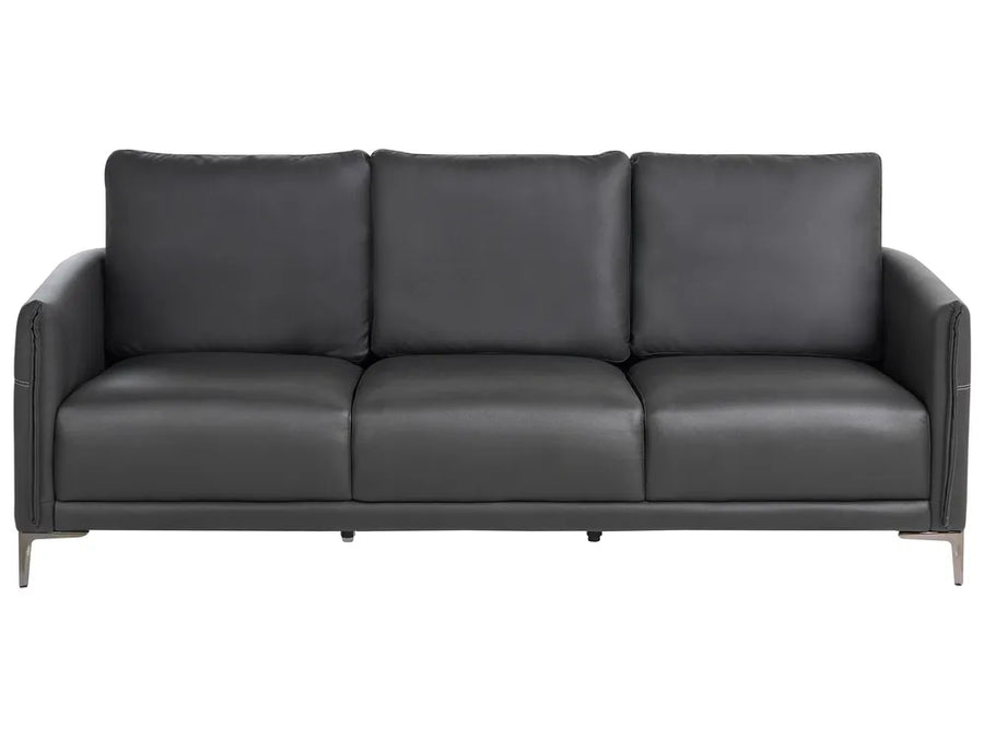 A three-seat sofa upholstered in dark charcoal gray leather, featuring three back cushions, square arms, and slim metallic legs, shown against a plain white background.