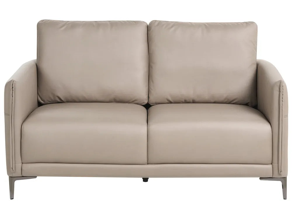 A modern two-seater loveseat sofa upholstered in light taupe leather, featuring slim metal legs, shown against a plain white background.