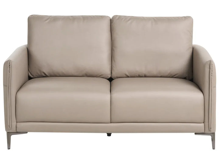 A modern two-seater loveseat sofa upholstered in light taupe leather, featuring slim metal legs, shown against a plain white background.