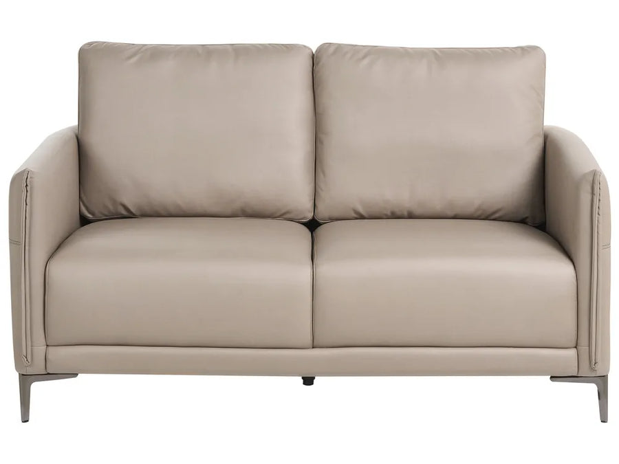 A modern two-seater loveseat sofa upholstered in light taupe leather, featuring slim metal legs, shown against a plain white background.