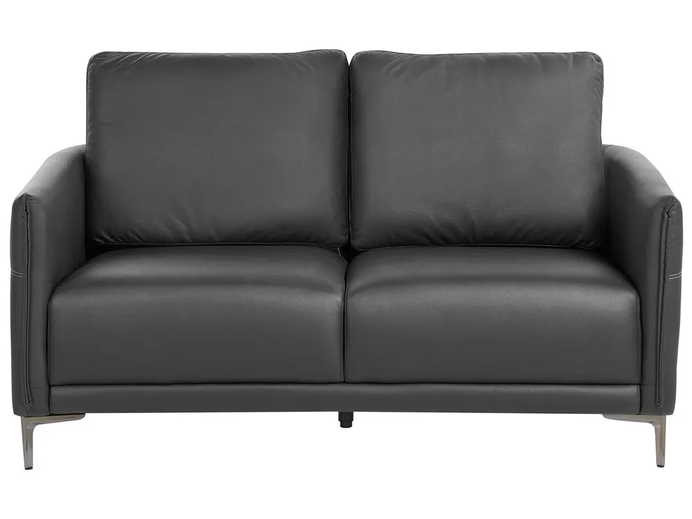 A modern two-seater loveseat sofa upholstered in dark charcoal gray leather, featuring slim metallic legs, shown against a plain white background.