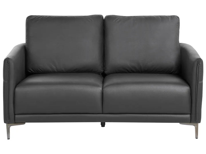 A modern two-seater loveseat sofa upholstered in dark charcoal gray leather, featuring slim metallic legs, shown against a plain white background.